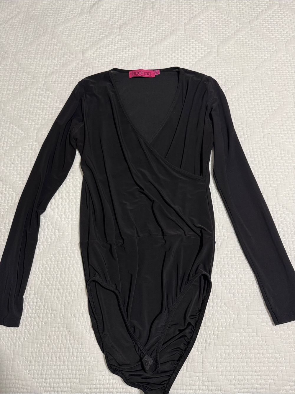 Boohoo Black Long Sleeve Wrap-Front Bodysuit